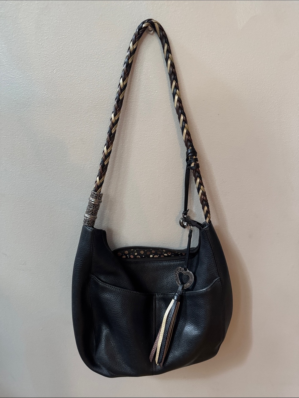 Brighton Black Leather Shoulder Bag with Braided Strap